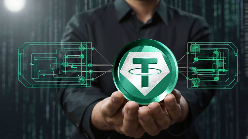 A digital infographic explaining how Tether (USDT) maintains stability, featuring blockchain connections and financial reserve backing.