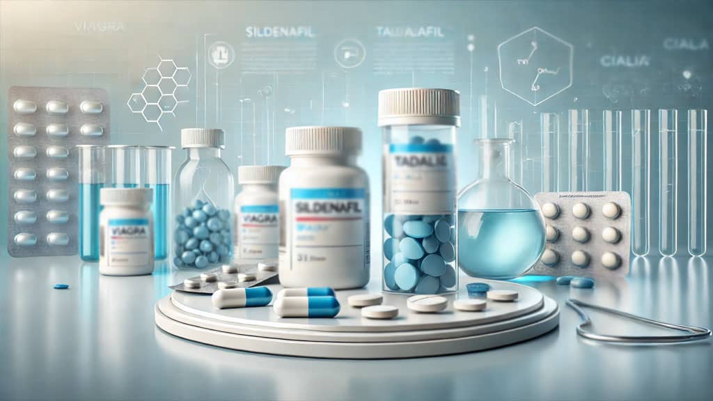 "Comparison of Sildenafil and Tadalafil, showing pill icons, a medical chart, and key benefits, illustrating differences in effectiveness, duration, and usage."