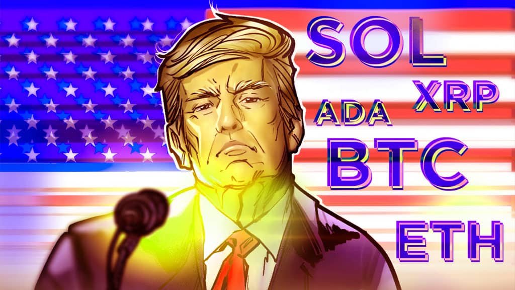Former President Donald Trump with cryptocurrency symbols and an upward-trending financial chart, representing the impact of his reserve announcement on the crypto market.